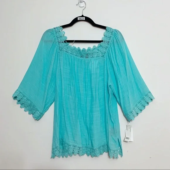 Zac & Rachel Turquoise Lace Trim Peasant Blouse Boho NWT Medium - Picture 1 of 8